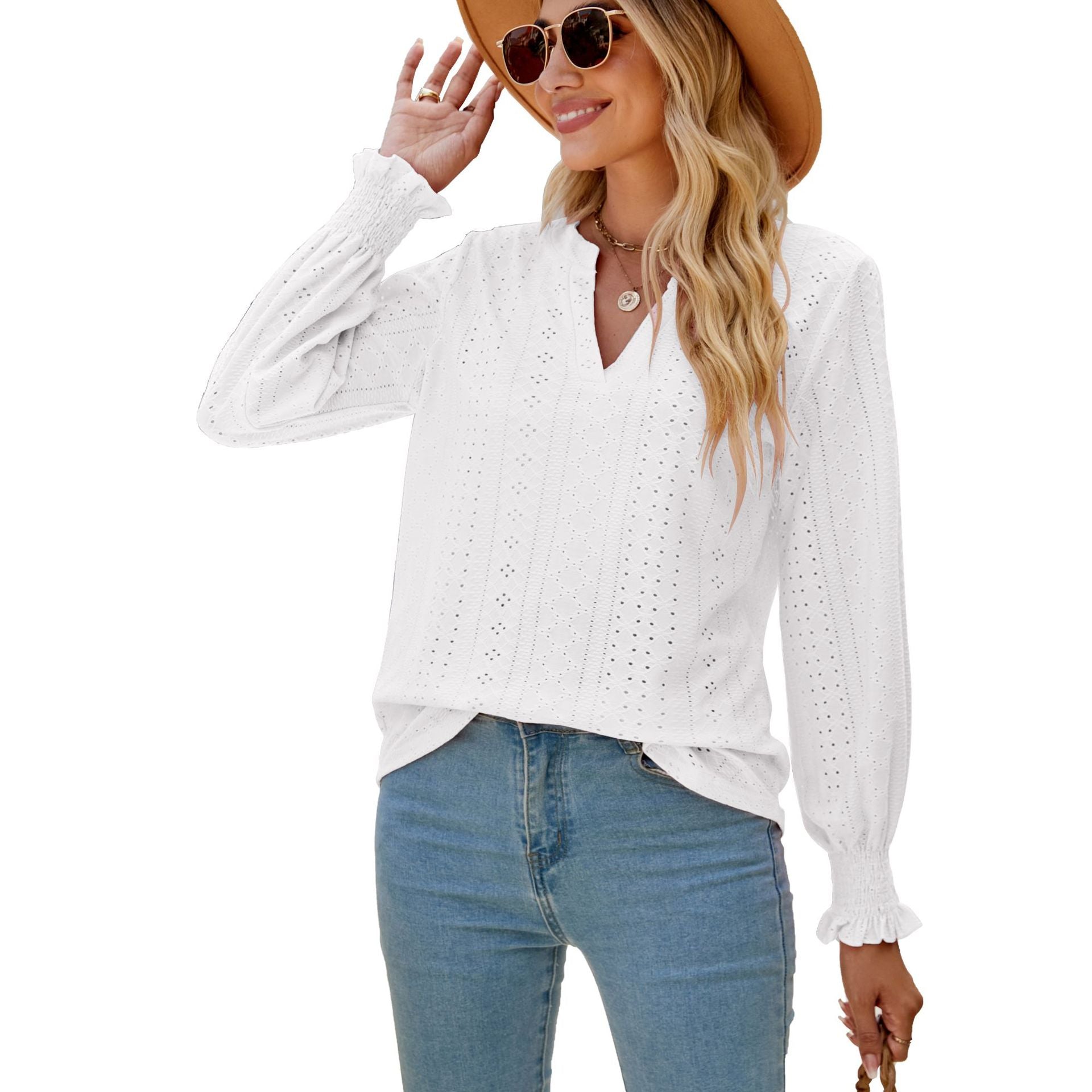 Solid Color Hollow-out Pleated Ruffle Sleeve V-neck Loose Blouses