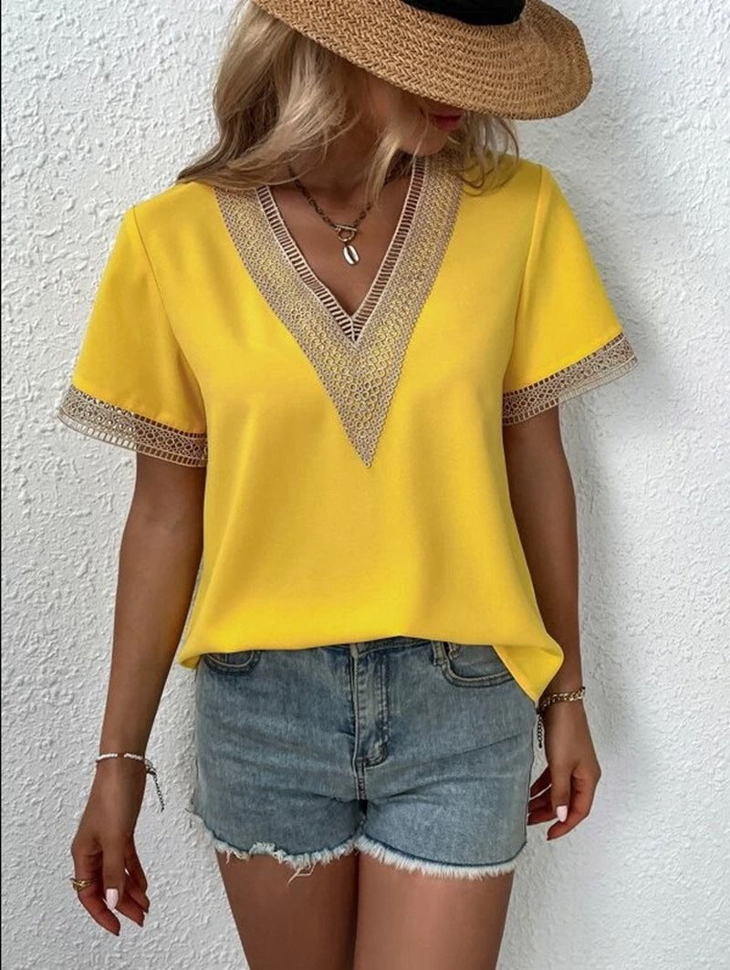 Women's V-neck Lace Casual Solid Color Shirt Blouses