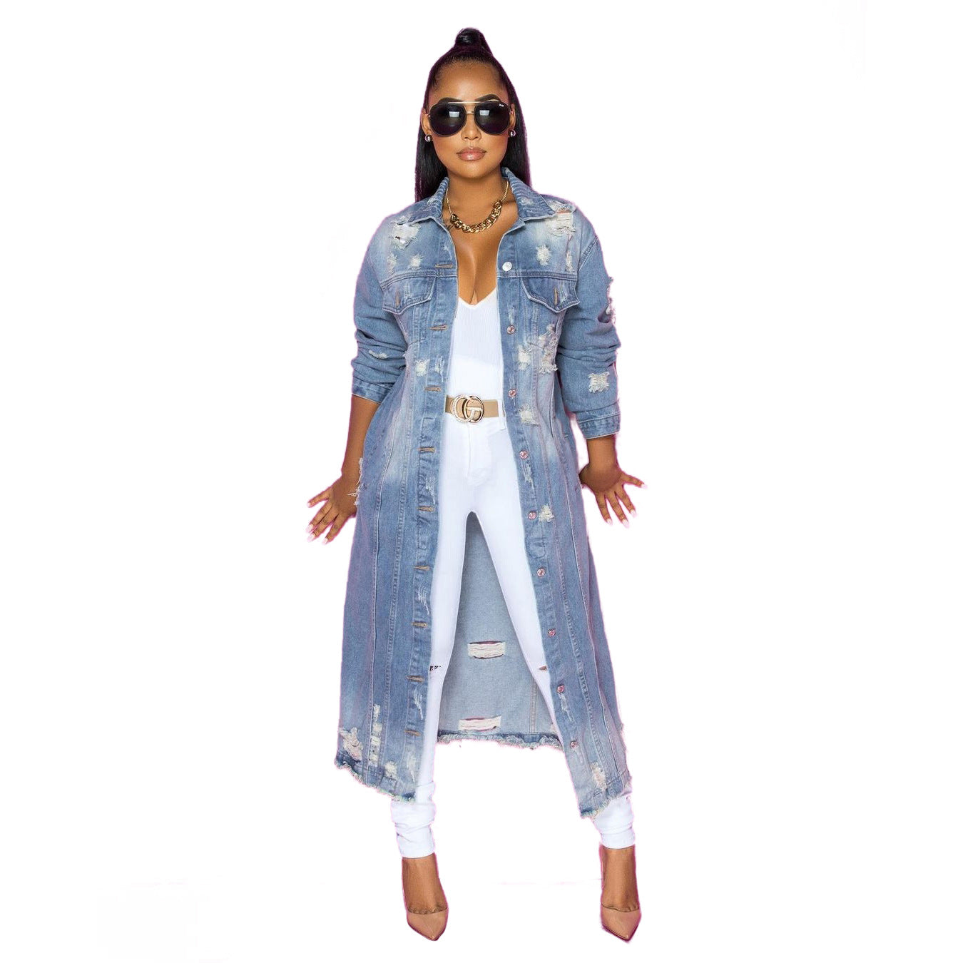 Women's Fashion Ripped Long Sleeves Denim Cloak Coats