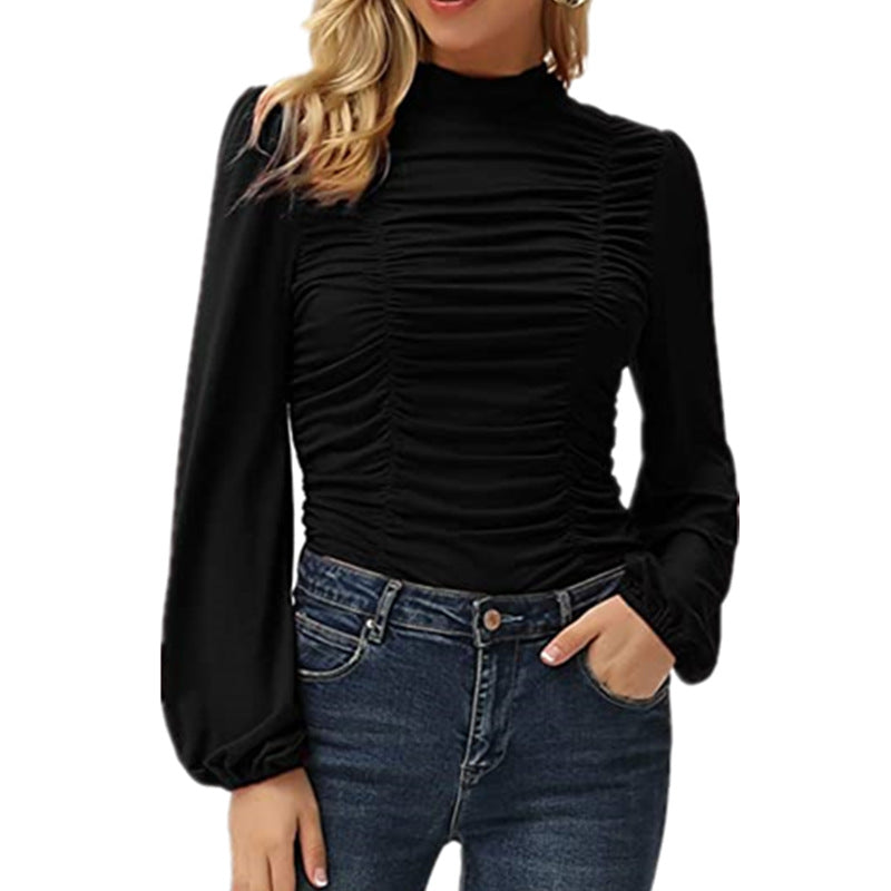 Women's Color Long Lantern Sleeve Turtleneck Pleated Blouses