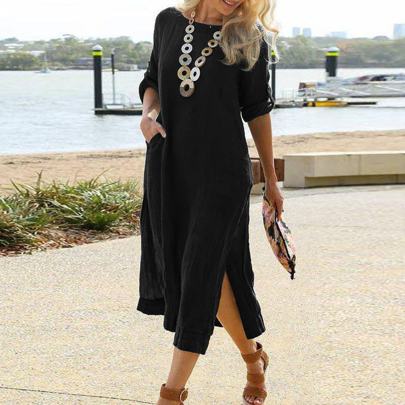 Retro Long Sleeve Slit Hemline At Dresses