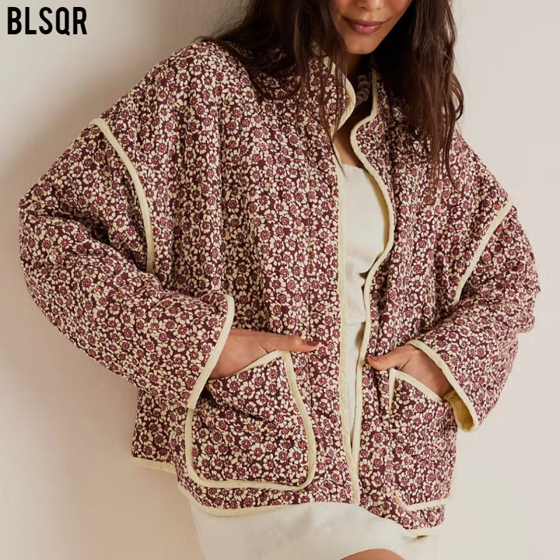 Women's Autumn Flower Print Thin Pocket Decorative Coats