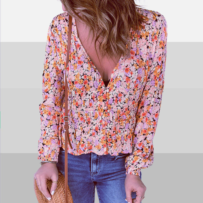 Long Sleeve Floral Chiffon Casual V-neck Blouses