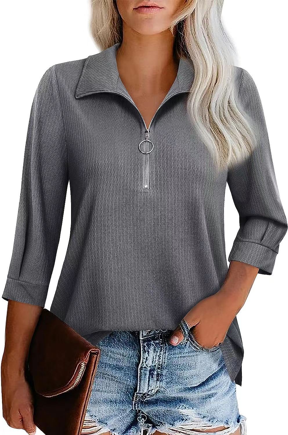 Women's Three-quarter Sleeve Solid Color Shirt Clothing