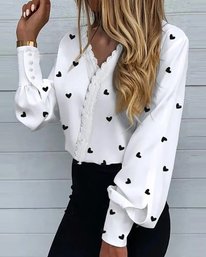 Women's Fashionable Printed Lace Casual Shirt Blouses