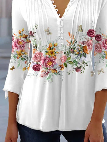 V-neck 3/4 Sleeves Printed Button Waist Blouses