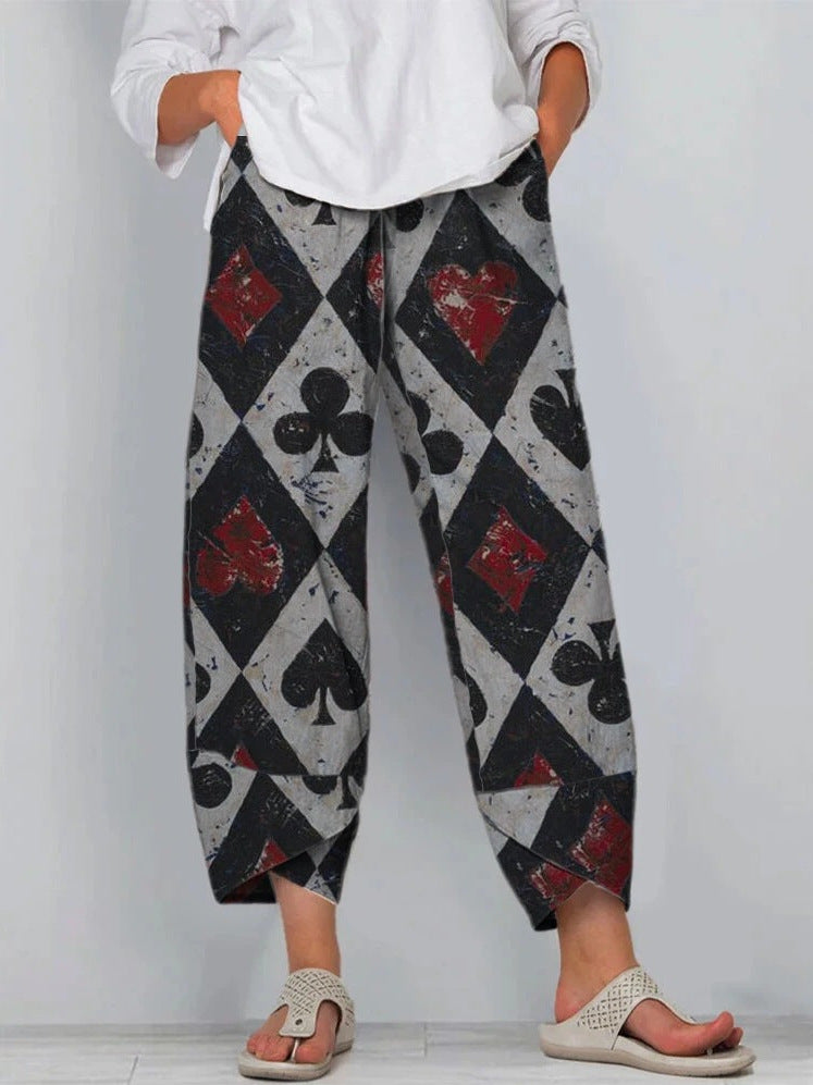 Women's High Waist Gray Printed Stitching Loose Cropped Pants