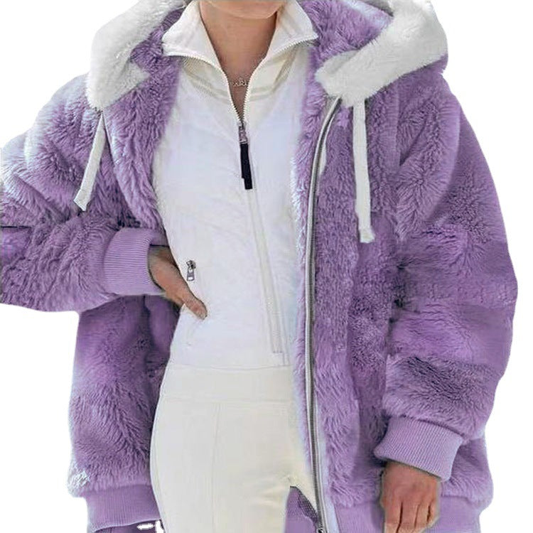 Women's Loose Plush Zipper Hooded For Coats