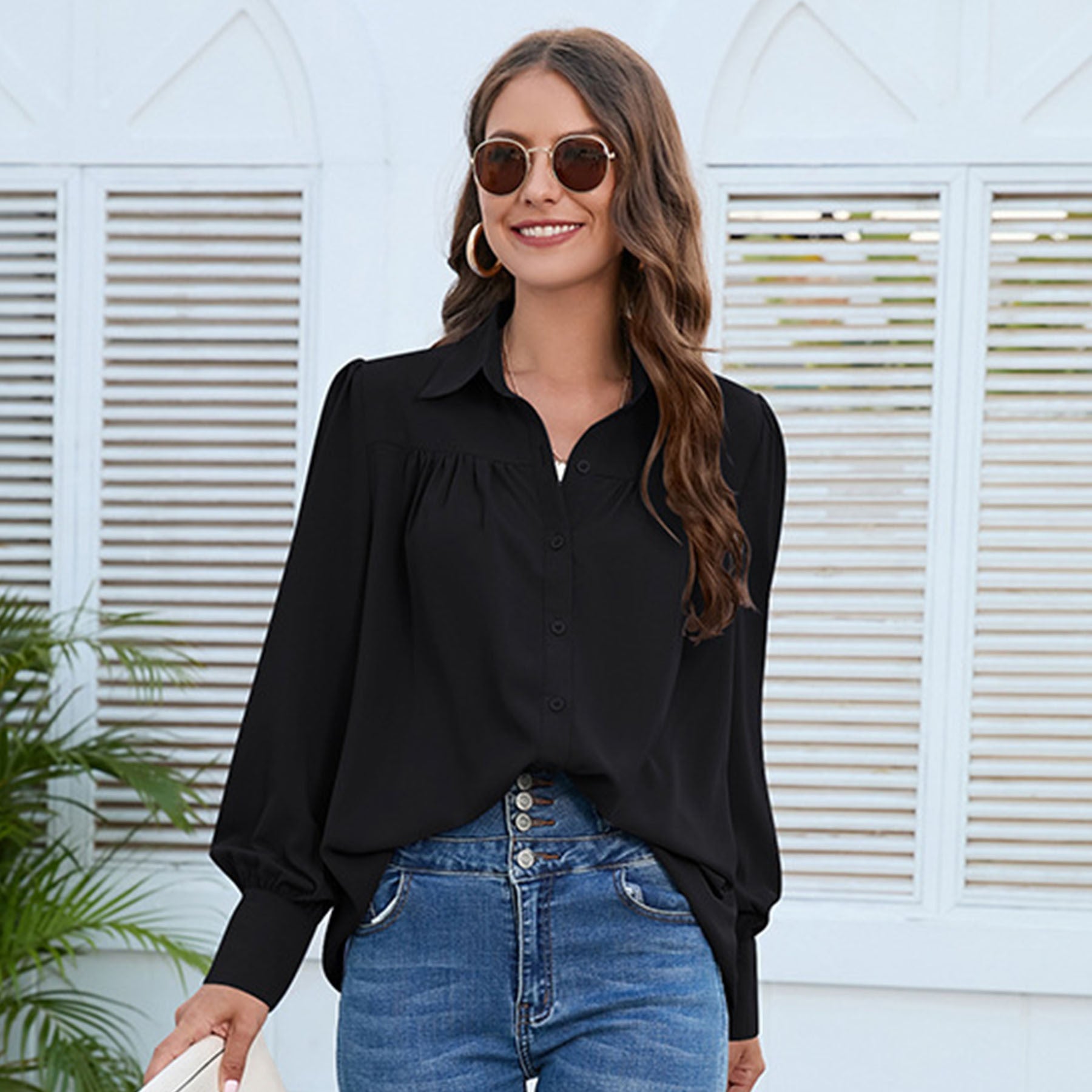 Women's Versatile Chiffon Shirt Pleated Long-sleeved Tops