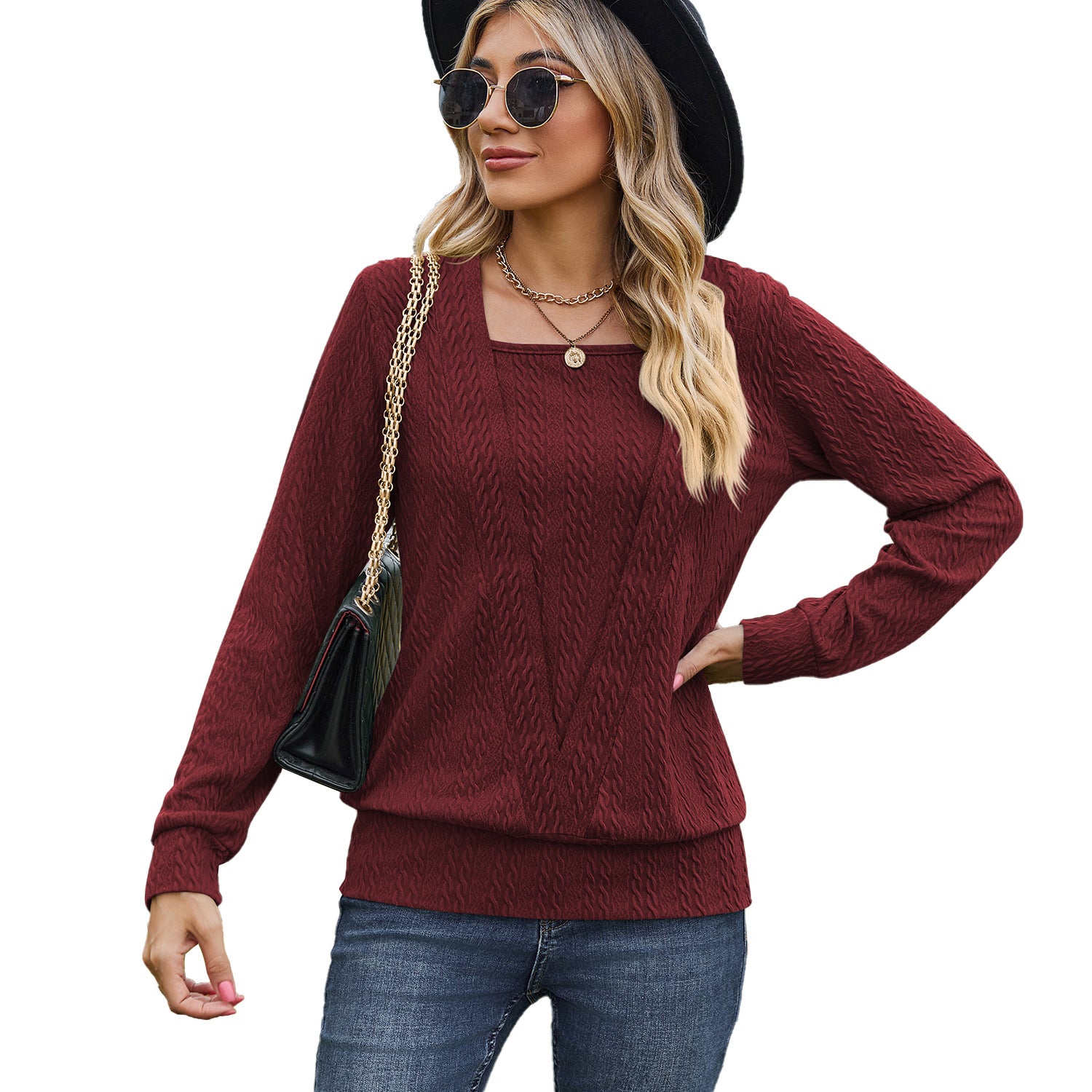 Women's Color Square Collar Cross Loose Long-sleeved Blouses