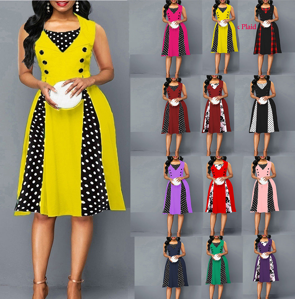 Women's Dot Print Stitching Large Swing Retro Dresses