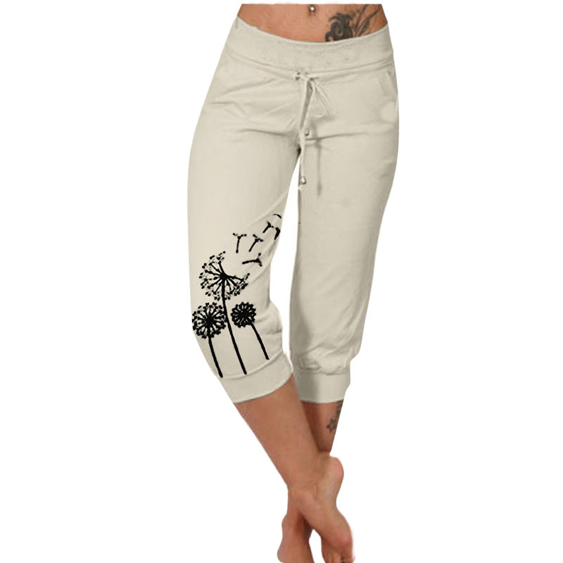 Women's Printed Waist Elastic Drawstring Design Casual Pants