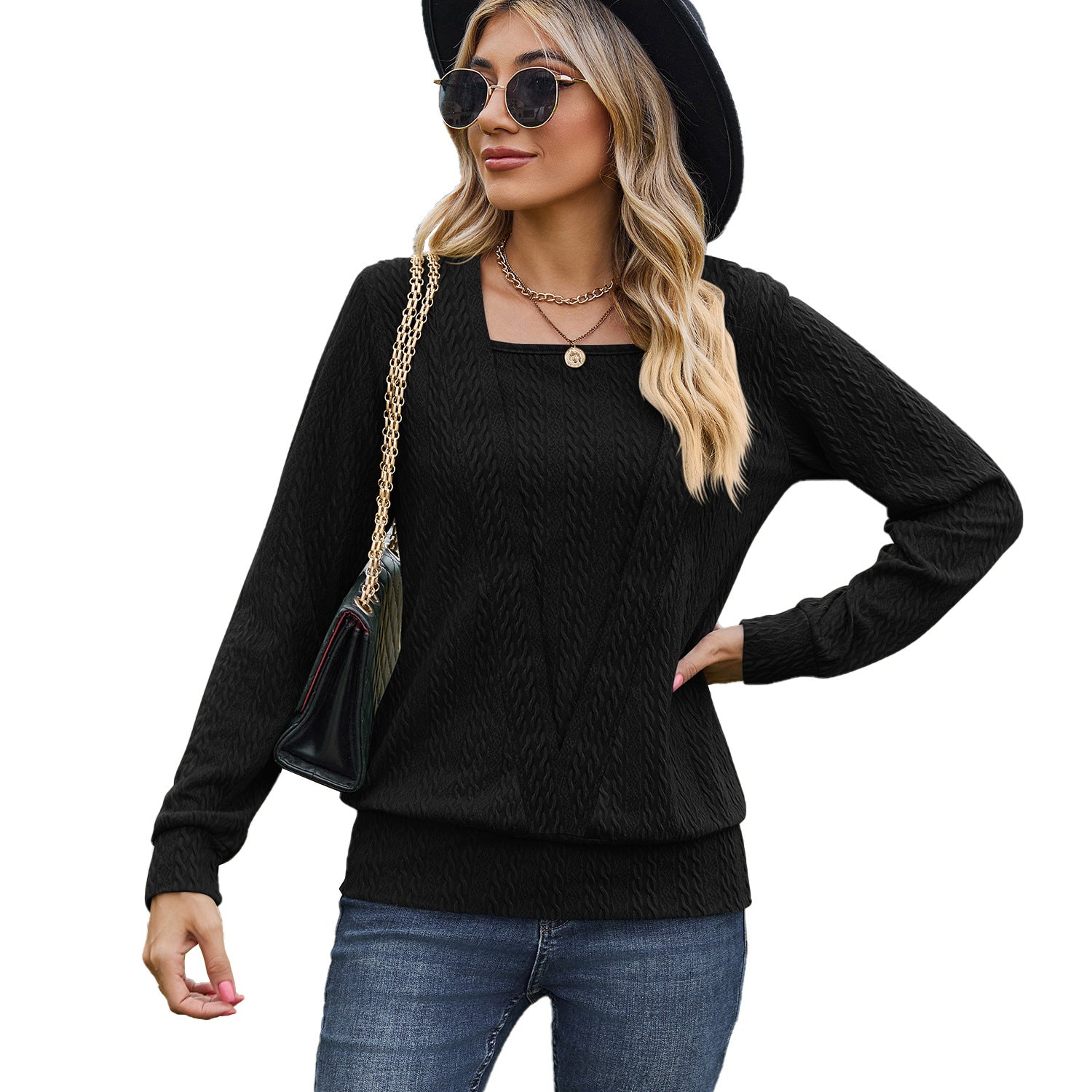 Women's Color Square Collar Cross Loose Long-sleeved Blouses