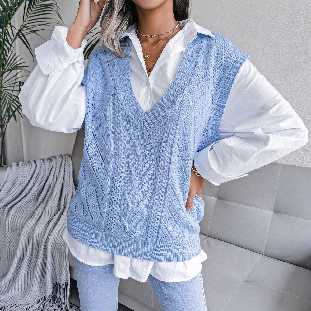 Elegant Women's Hollow Twist V-neck Knitted Sweaters