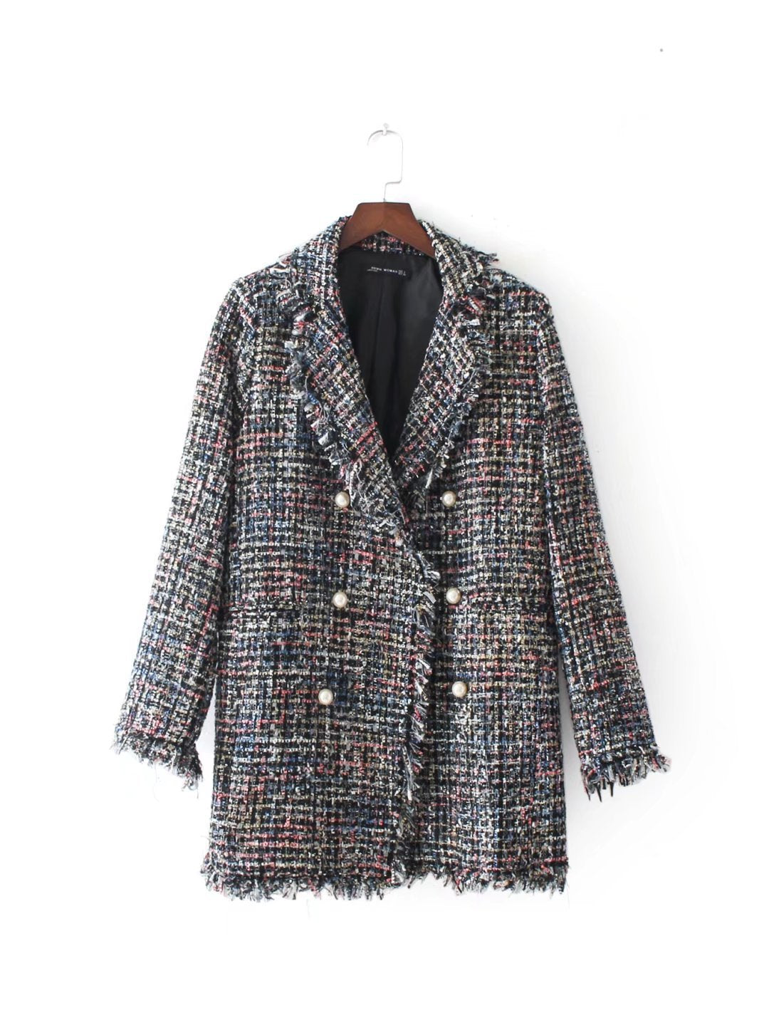 Women's Mid-length Pearl Buckle Tassel Plaid Coats