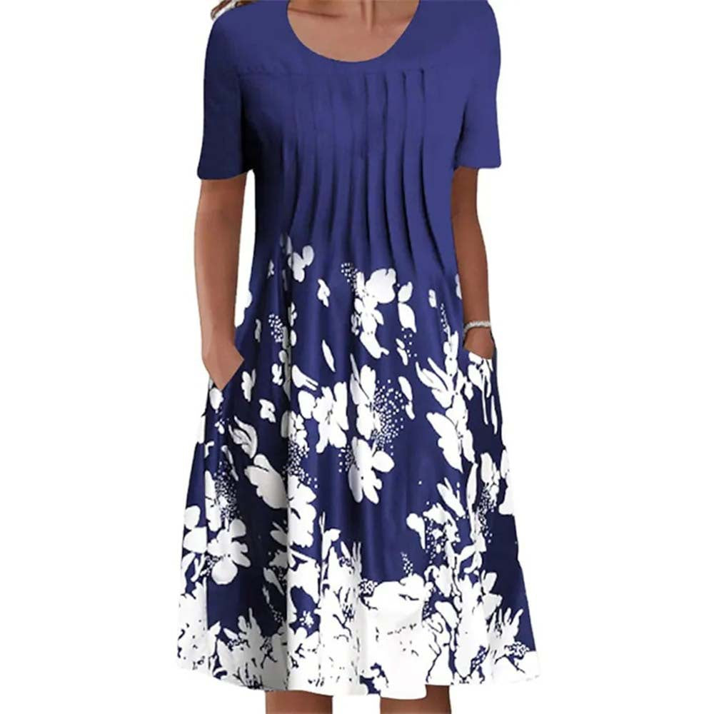 Women's Floral Print Round Neck Pocket Mid-length Dresses