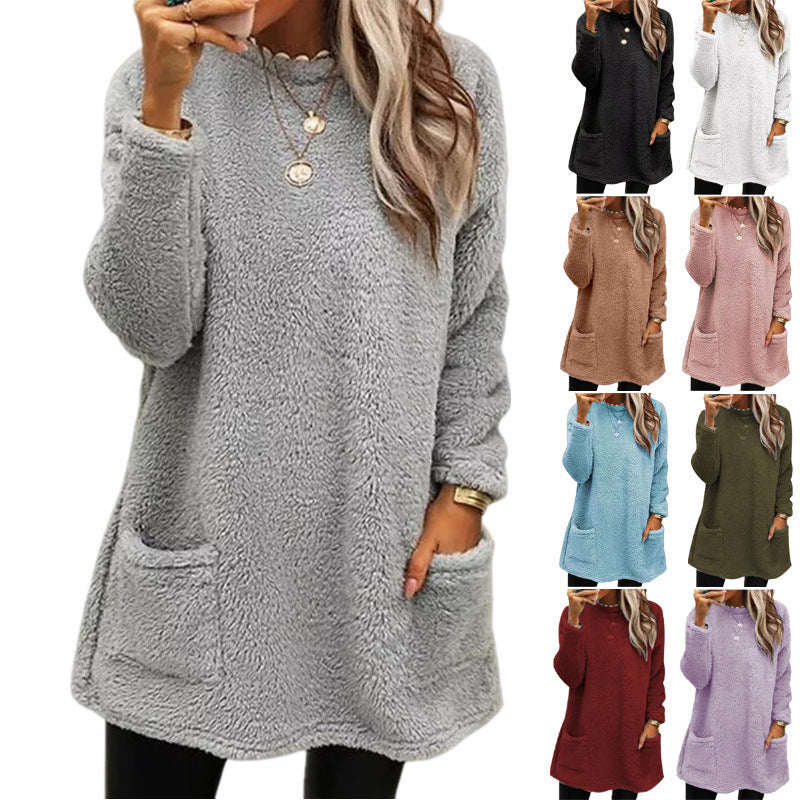 Women's Long Sleeve Pocket Fleece Sweatshirt T-shirt Sweaters