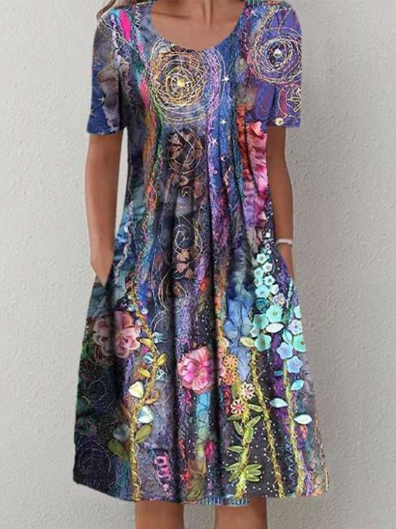 Women's Elegant Large Swing Round Neck Printed Dresses