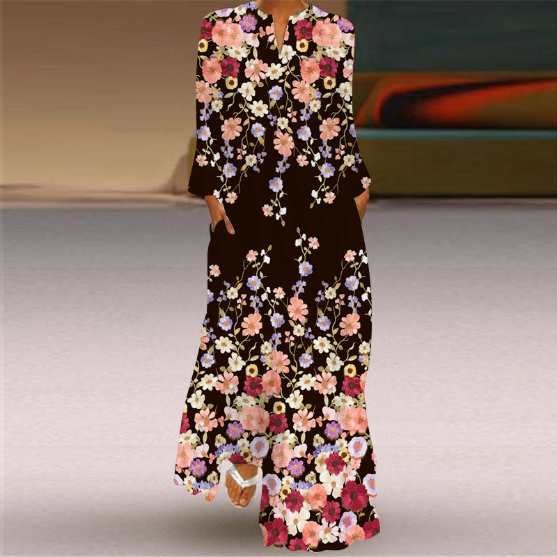 Women's Long Dress Sleeve Pocket Printed Loose Dresses