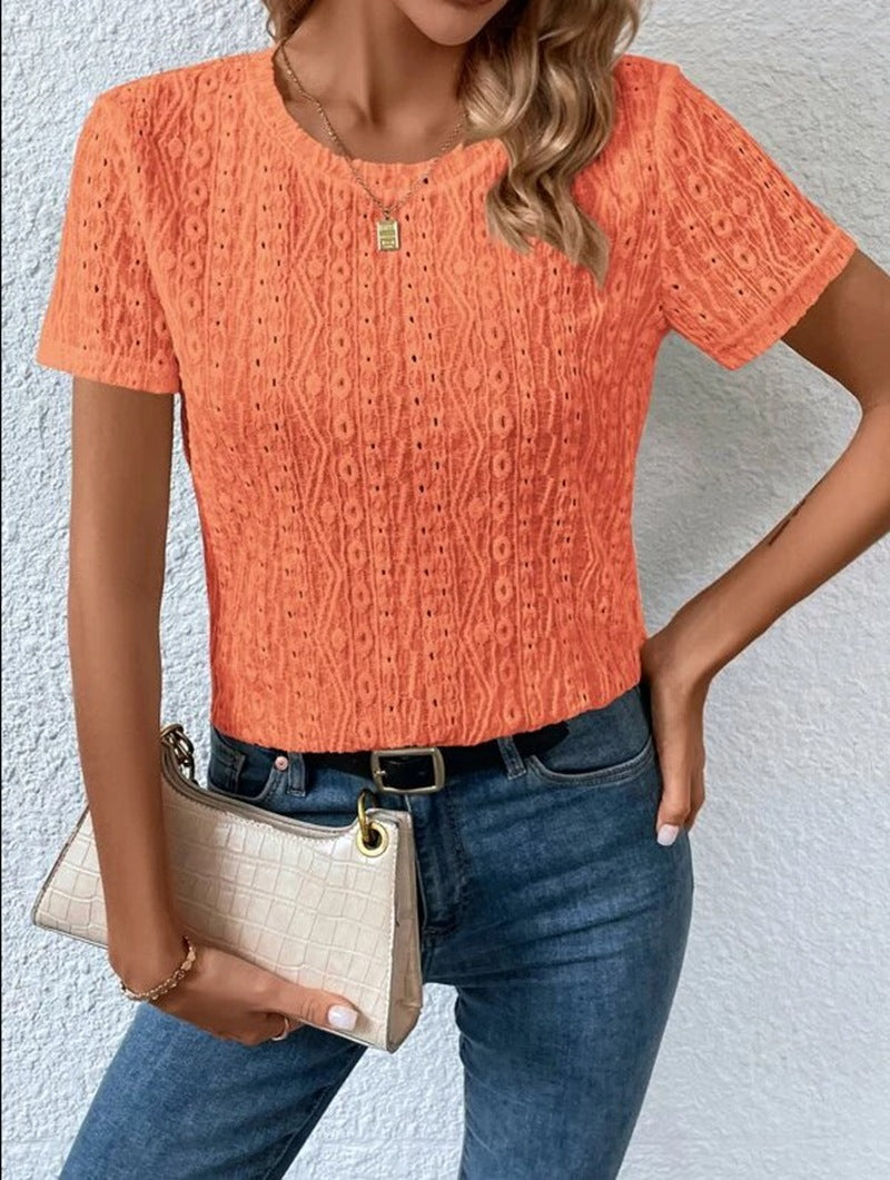 Summer Solid Color Sleeve Hollowed Leisure Blouses