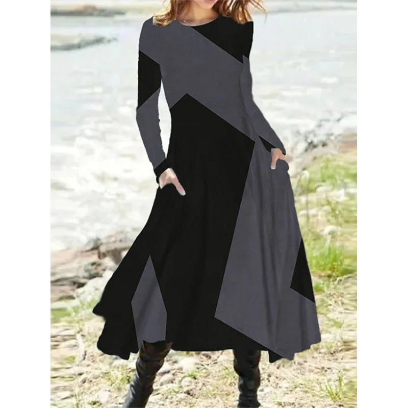 Women's Ethnic Retro Fashion Long Sleeve Oversized Swing Dresses