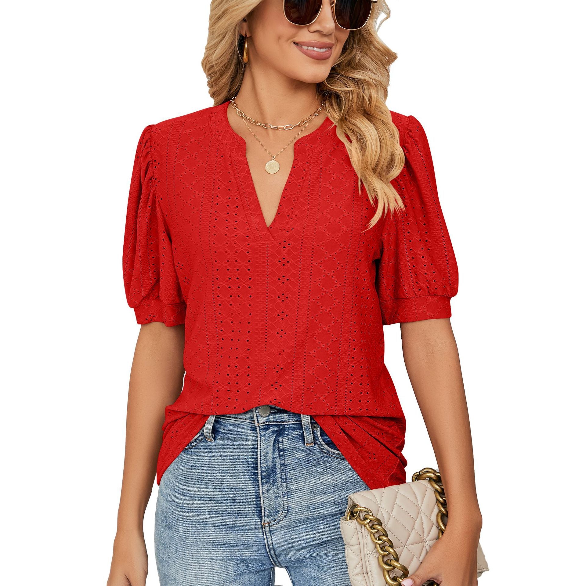 Women's Summer V-neck Solid Color Hollow Puff Blouses