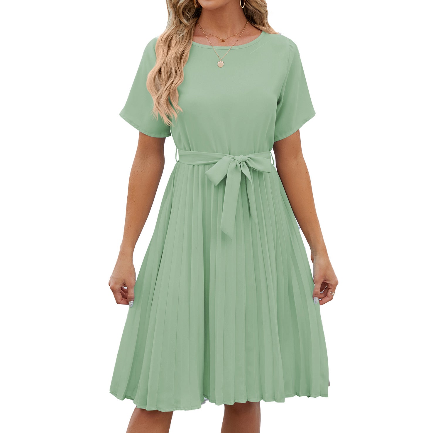 Women's Round Neck Dress Sleeve Knee-length Pleating Dresses