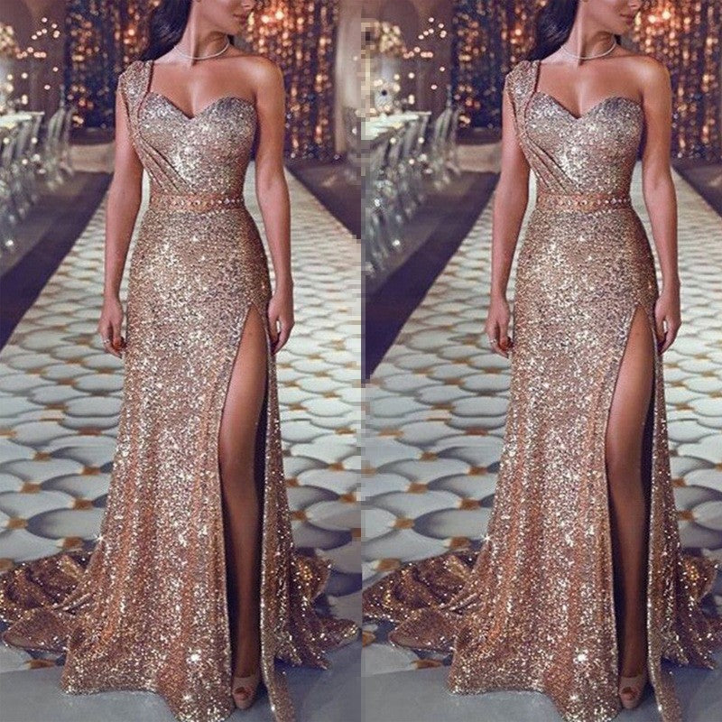 Women's Banquet Temperament Sexy One-shoulder Long Gilding Dresses