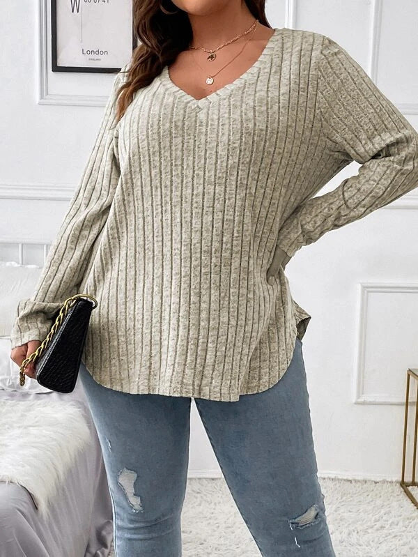 Women's Color Clothes Long Sleeve Sunken Stripe Brushed Plus Size