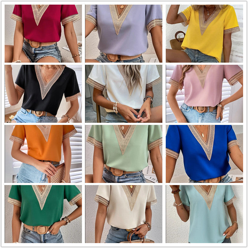 Women's V-neck Lace Casual Solid Color Shirt Blouses