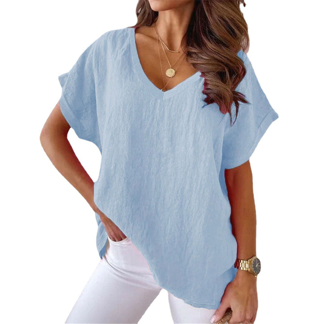 Women's Batwing Sleeve V-neck Solid Color Cotton Linen Blouses