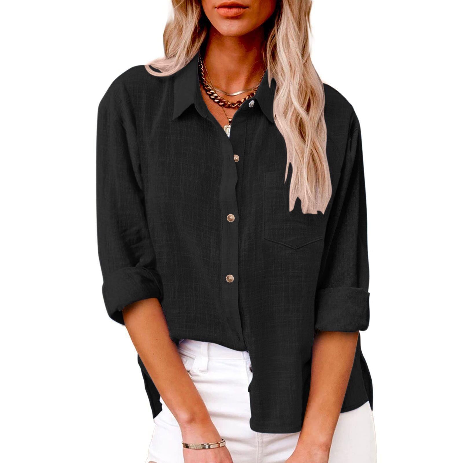 Women's Autumn Pocket Split Linen Long-sleeved Blouses