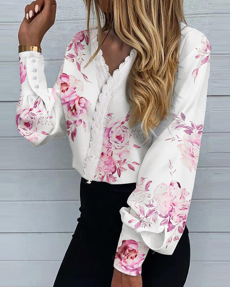 Women's Fashionable Printed Lace Casual Shirt Blouses