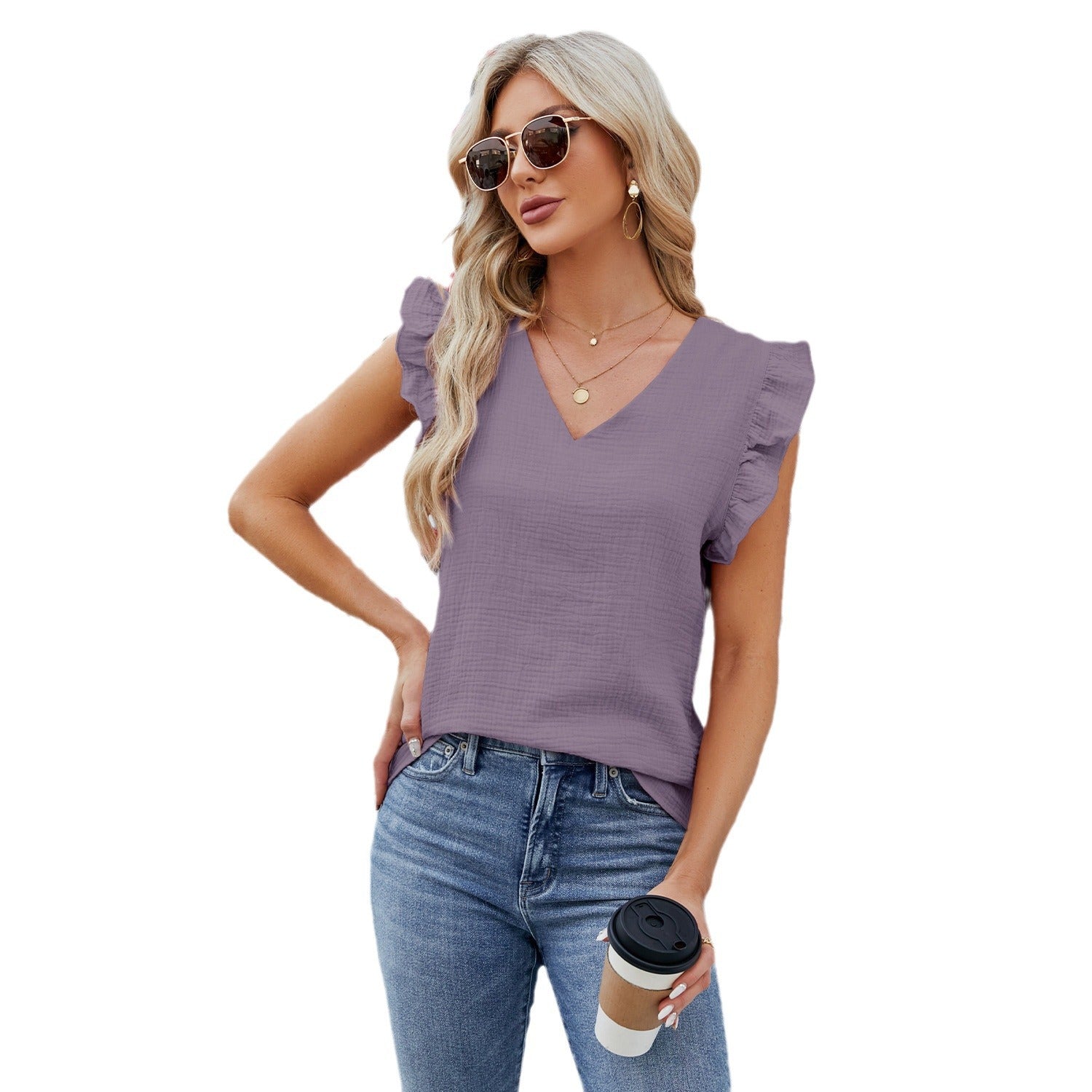 Women's Collar Pullover Ruffled Sleeves Solid Color Blouses