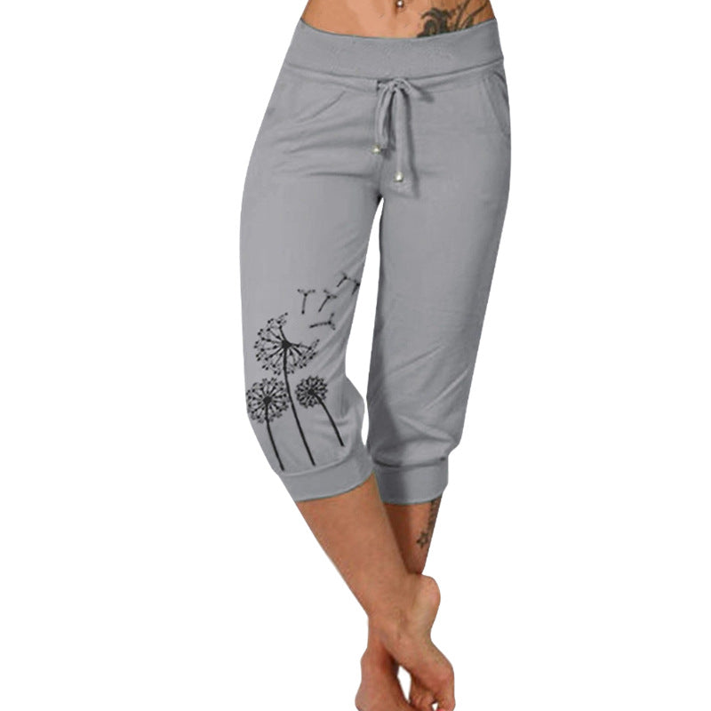 Women's Printed Waist Elastic Drawstring Design Casual Pants