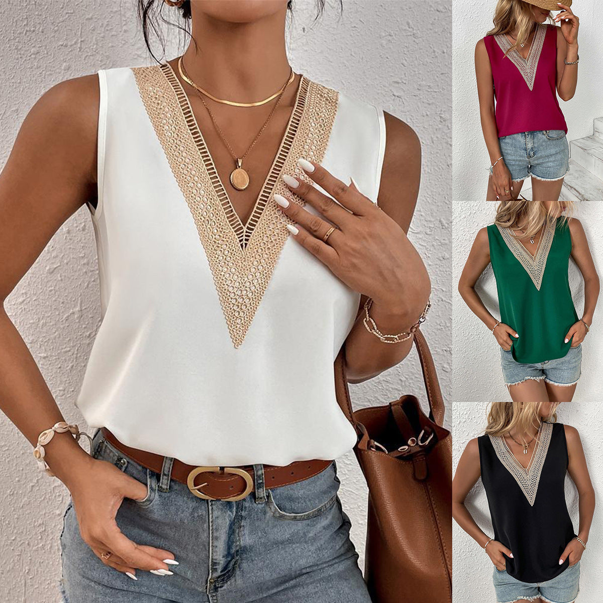 Solid Color Casual Shirt Loose Lace Vests