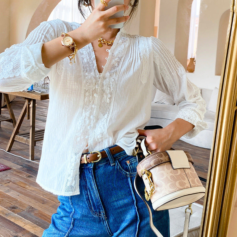 Women's Spring Lace French Style White Shirt Long Sleeve Blouses