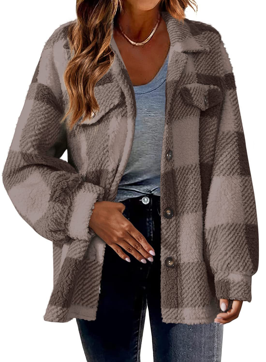 Women's Plaid With Pockets Button Plush Coats