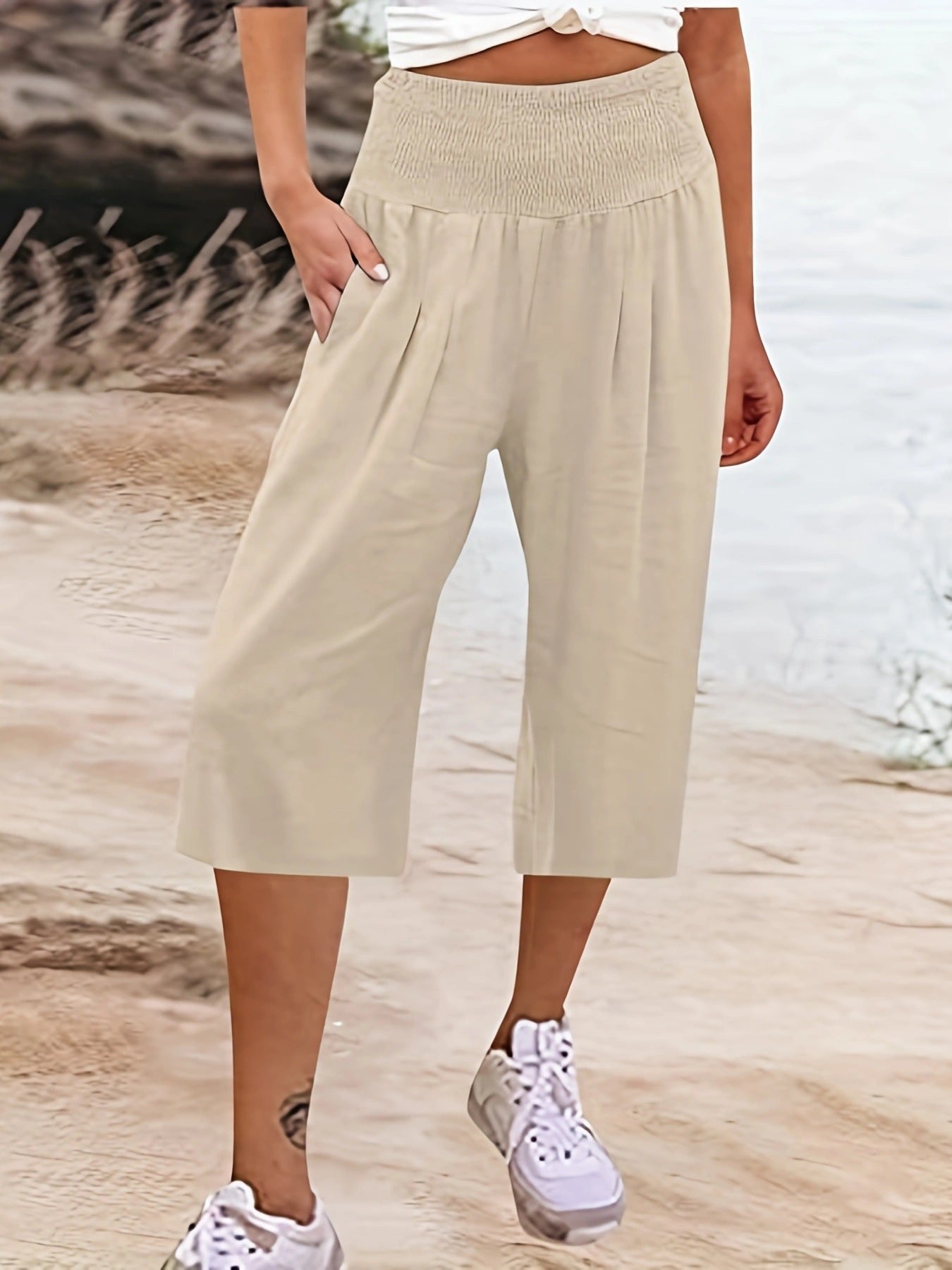 Linen Capri Department Smocking Thin Pocket Pants