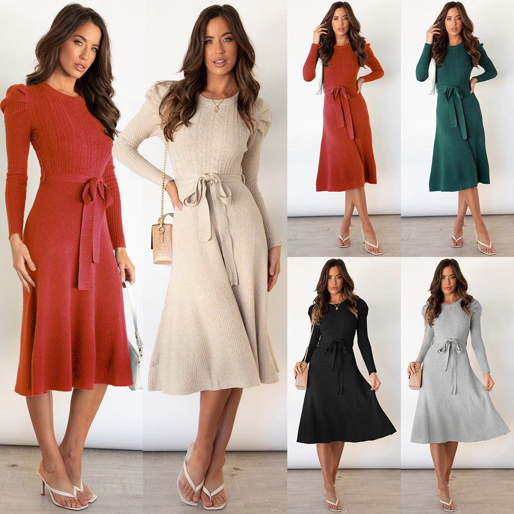 Bubble Long Sleeve Knitted Mid-length Elegant Slimming Dresses