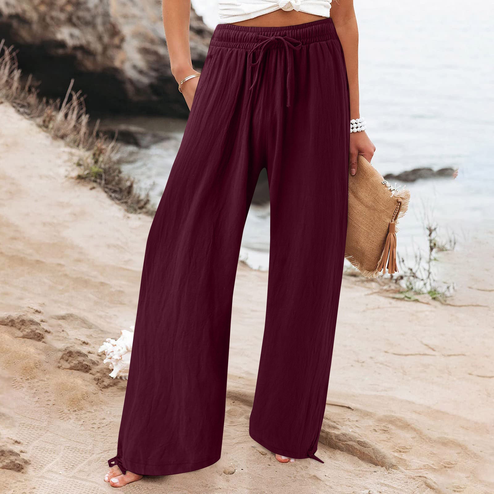 Elastic Casual Solid Color Trousers Wide Pants