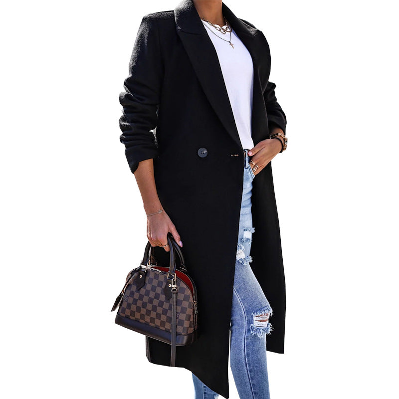 Women's Long Sleeve Lapel Button Woolen Coats