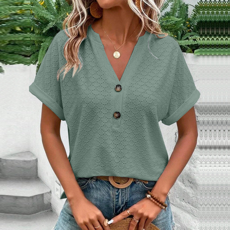 Women's Fashion Casual Solid Color Buttons T-shirt Blouses