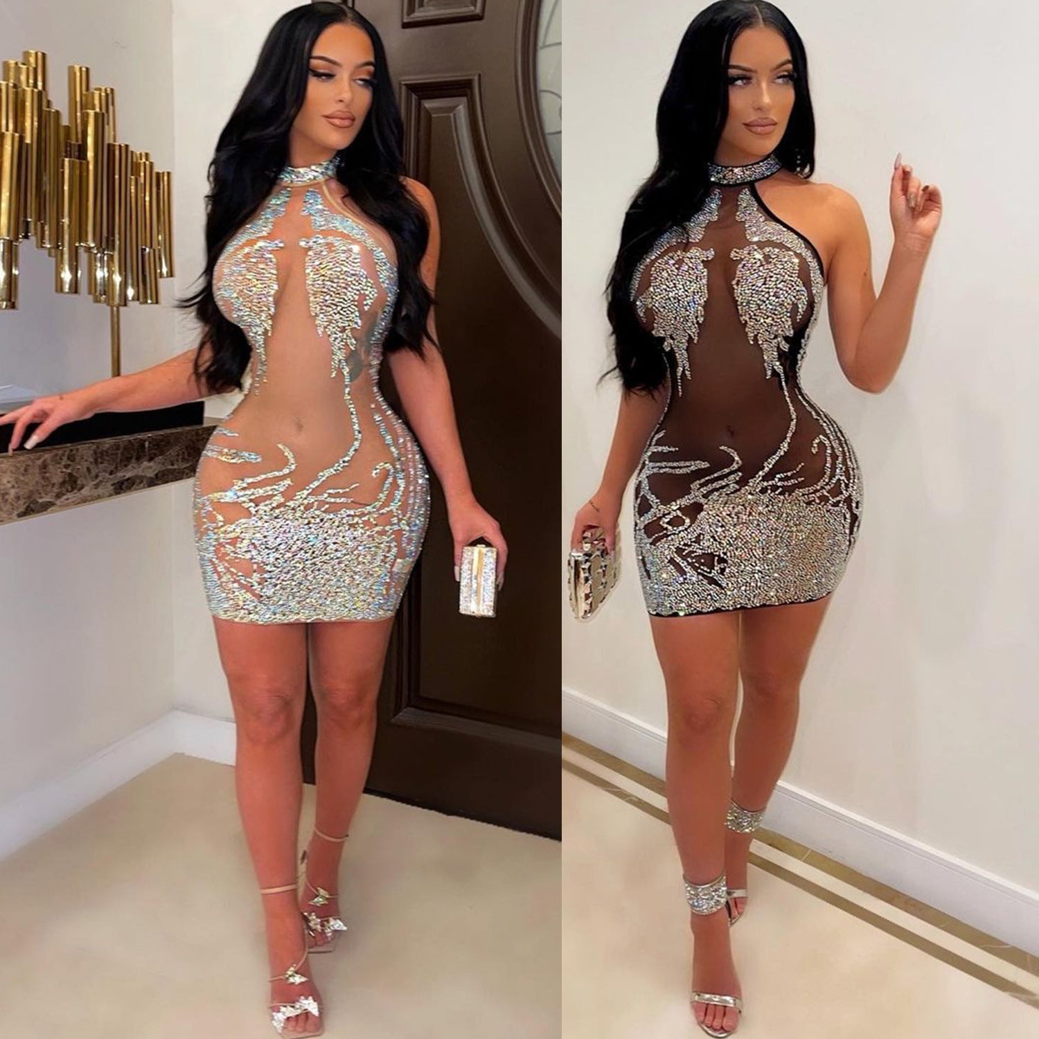 Women's Summer Sexy Tight Mesh Rhinestone Nightclub Dresses