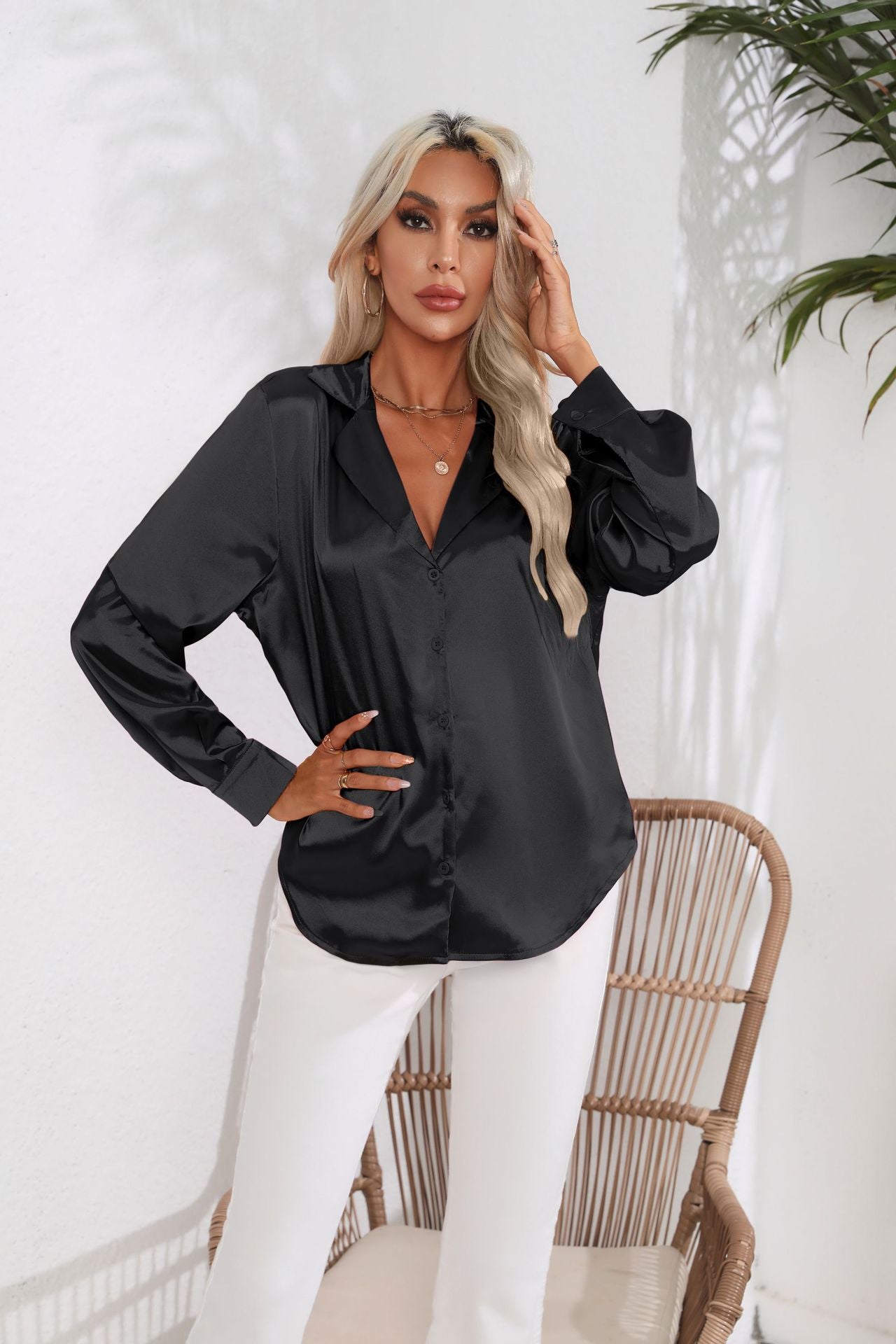 Women's Unique Collar Satin Shirt Long-sleeved Blouses