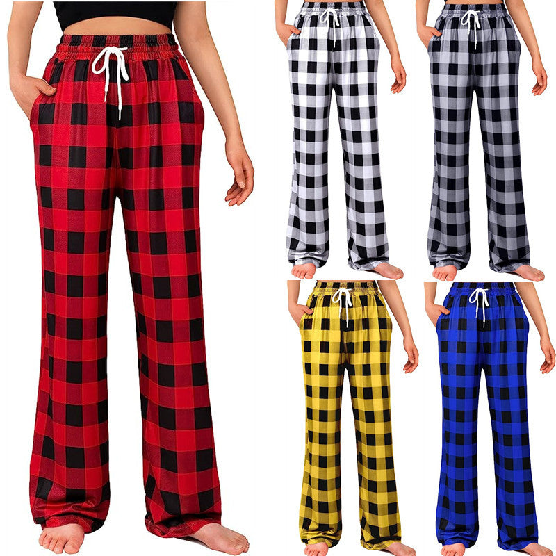 Women's Straight Casual Comfortable Drawstring Stretch Plaid Leggings