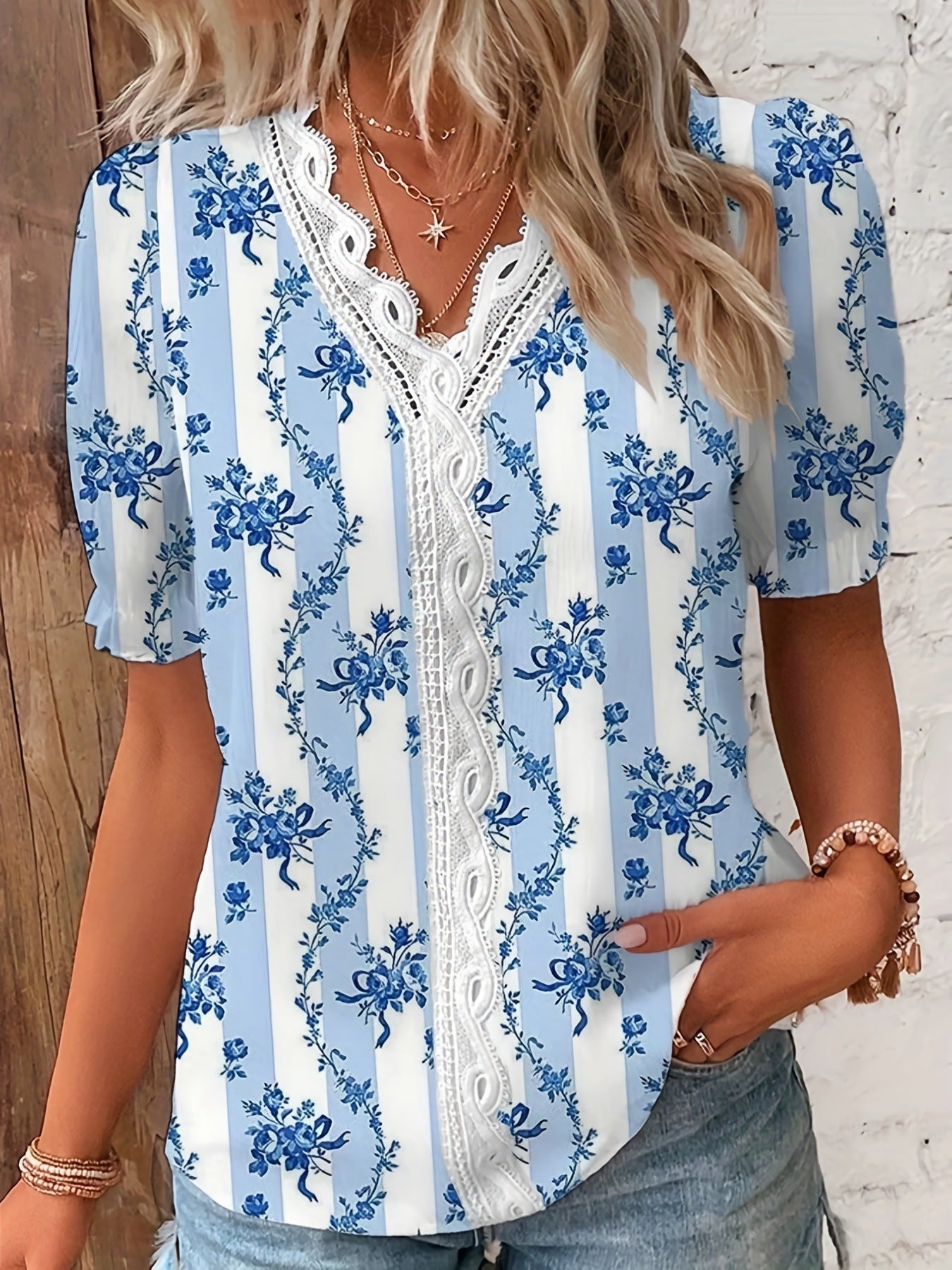 Women's Summer Lace Stitching Printing Shirt Blouses