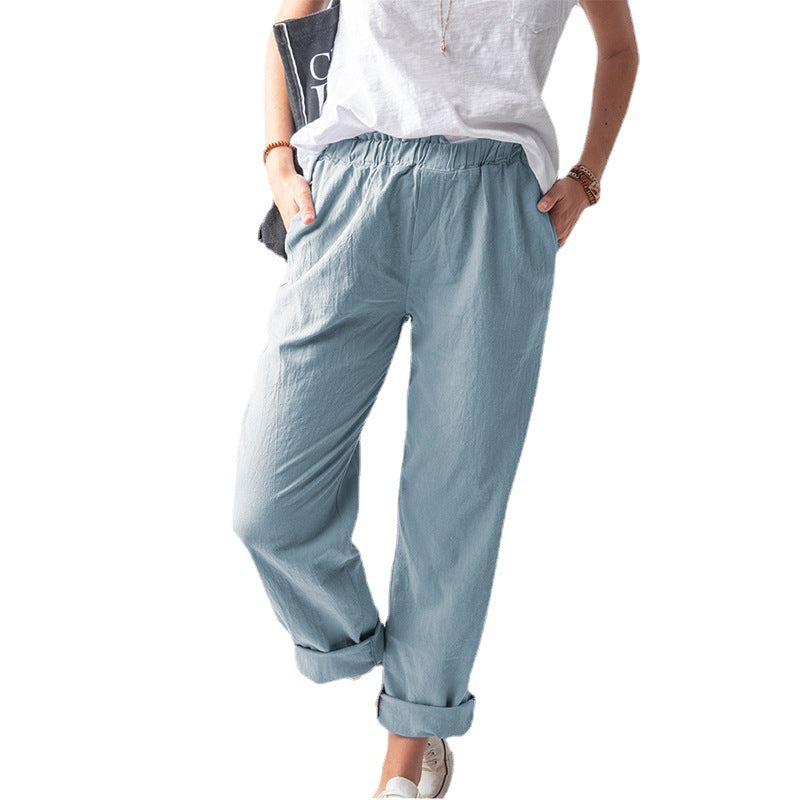 Women's Linen Trousers Solid Color Elastic High Waist Pants