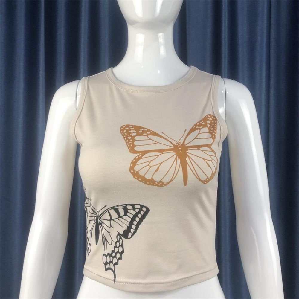 Women's Summer Butterfly Print Sleeveless Round Neck Blouses