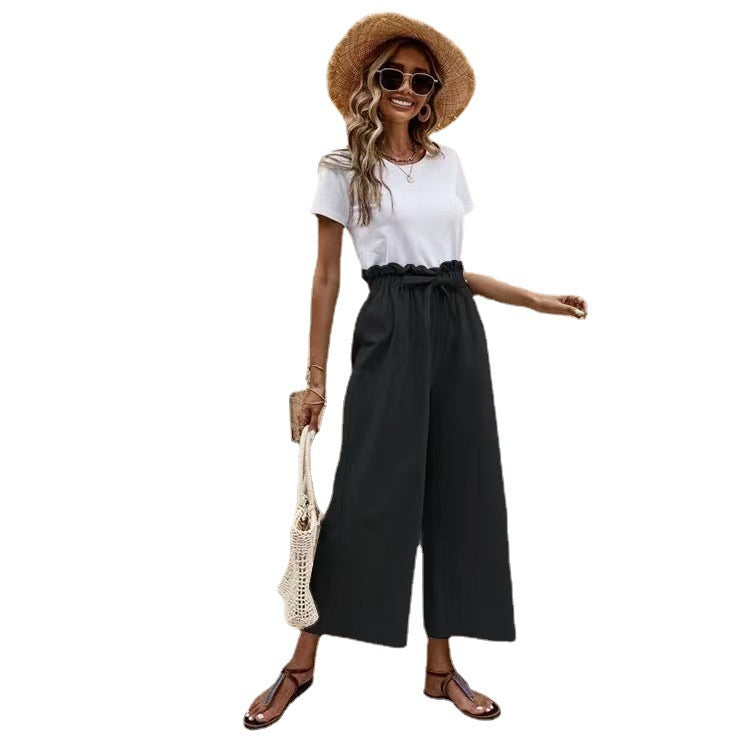 Women's Waist Solid Color Cotton Linen Belt Wide-leg Pants